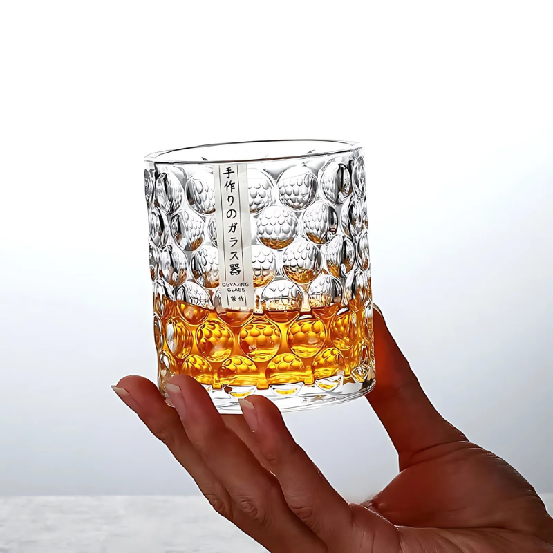 Textured Japanese whiskey glass ideal for Japanese whiskey cocktails and fine spirits.