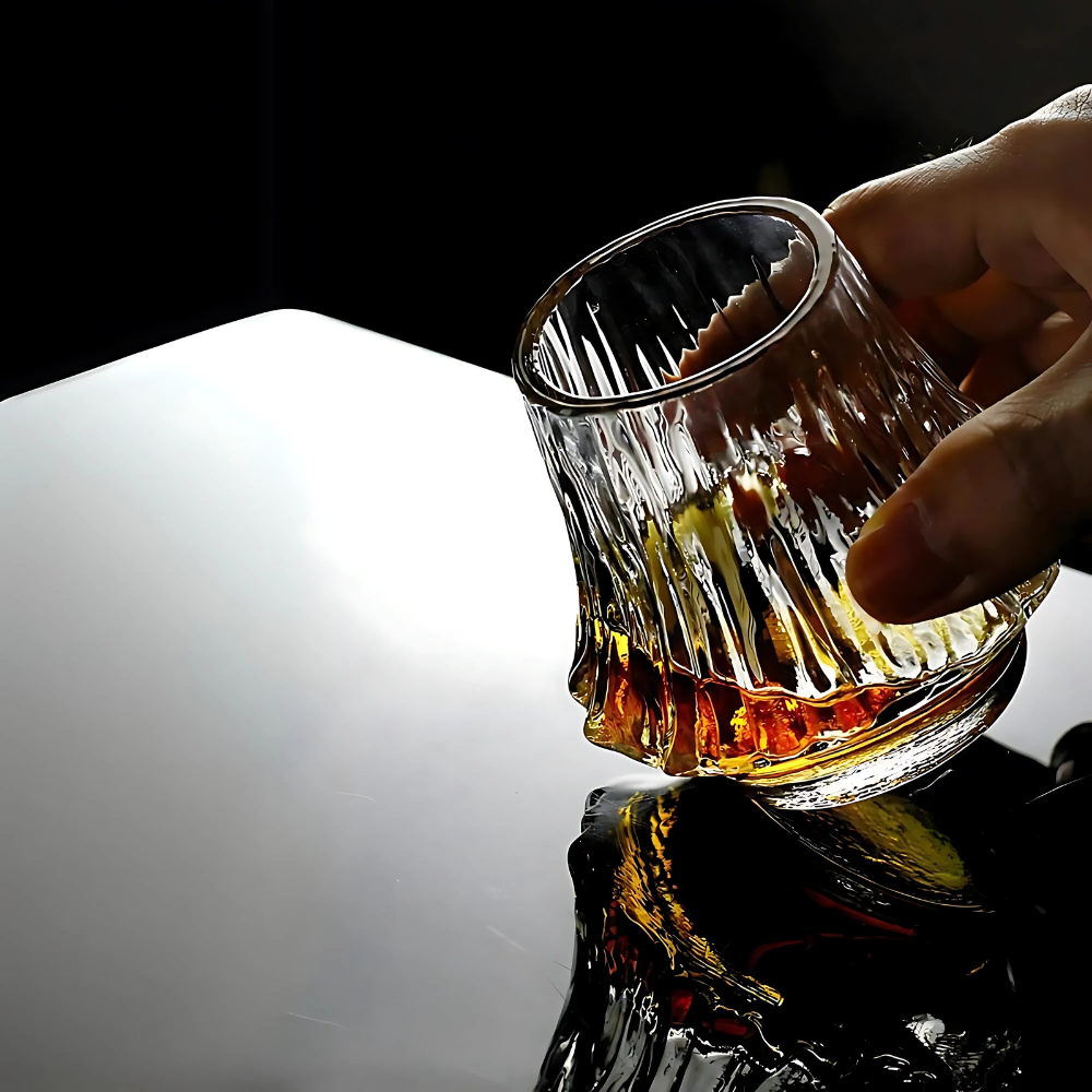 Close-up of Mt Fuji Japanese whiskey glass showcasing intricate design and whiskey