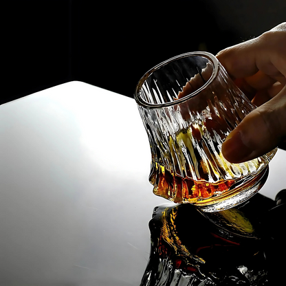 Close-up of Mt Fuji Japanese whiskey glass showcasing intricate design and whiskey