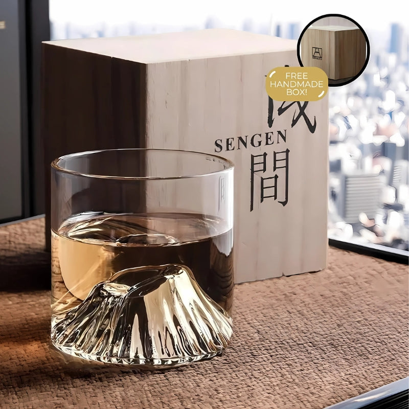 Mt Fuji Whiskey Glass, Box behind