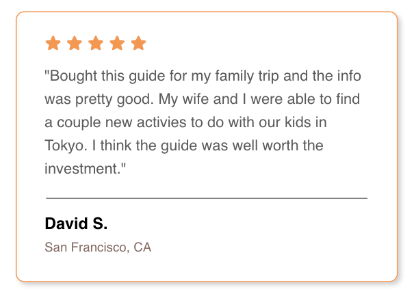 Five-star review for a travel guide with a positive feedback from a customer named David S. from San Francisco, CA.