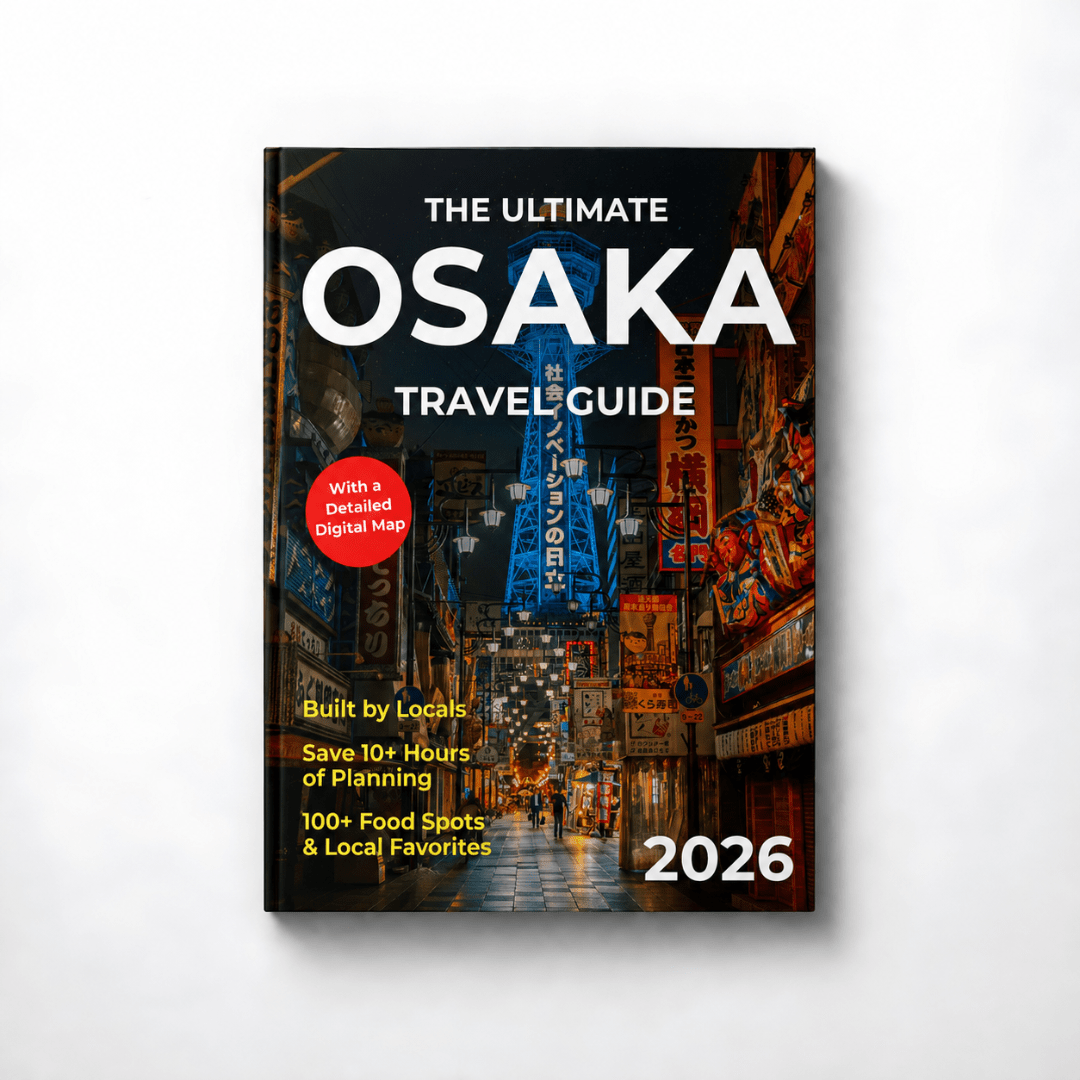 Book cover of 'The Ultimate Osaka Travel Guide 2026' with a city street scene in the background.